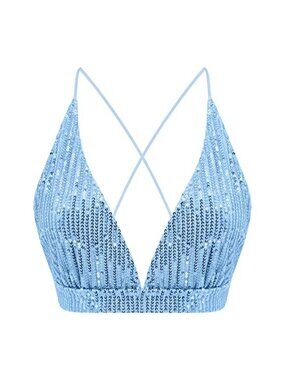 Sequin V Neck Crop Tank Top Adjustable Straps Party Rave Top